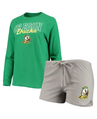 Women's Green, Gray Oregon Ducks Raglan Long Sleeve T-shirt and Shorts Sleep Set