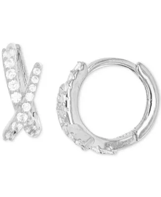Cubic Zirconia Crisscross Extra Small Huggie Hoop Earrings Sterling Silver or 14k Gold-Plated Silver, 0.47"
