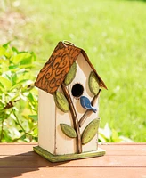 Glitzhome 9.75" Washed Birdhouse with 3D Tree and Bird