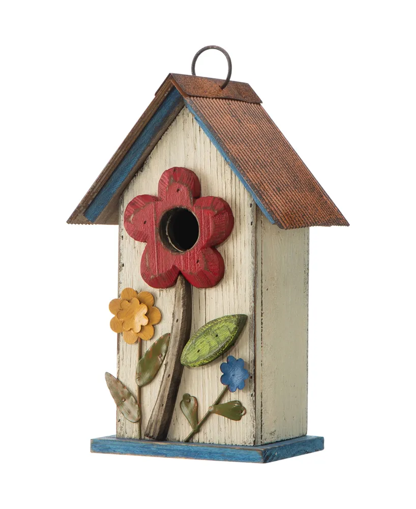 Glitzhome 10.25" Washed Birdhouse with 3D Flowers - Off