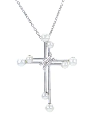 Cultured Freshwater Pearl (2 - 3-1/2mm) Double Cross Pendant Necklace in Sterling Silver, 16" + 2" extender
