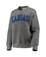 Women's Pressbox Heathered Gray Kansas Jayhawks Moose Applique Quilted Crewneck Sweatshirt