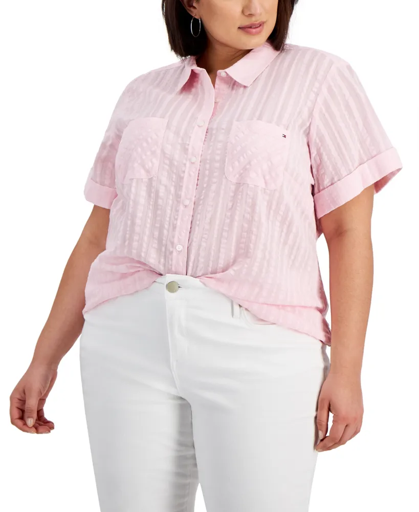 Tommy Hilfiger Plus Size Cotton Crinkled Striped Camp Shirt