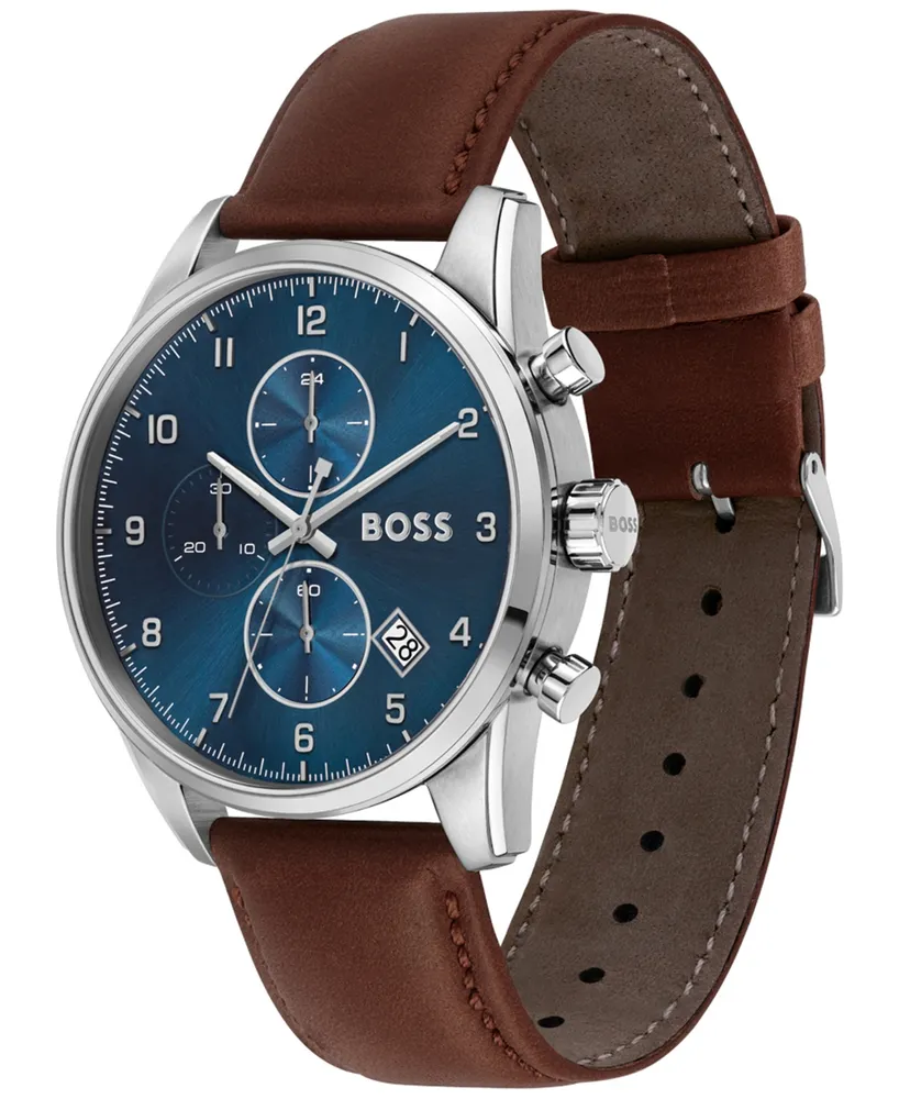 Hugo Boss Men's Skymaster Chronograph Brown Leather Strap Watch 44mm