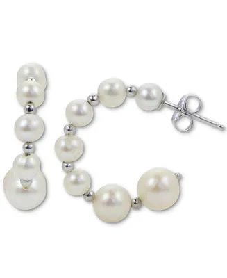 Cultured Freshwater Pearl (4-8mm) & Polished Bead Graduated Hoop Earrings