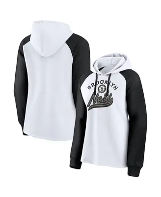 Women's Fanatics White and Black Brooklyn Nets Record Holder Raglan Pullover Hoodie