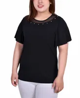 Plus Short Sleeve Knit Top with Sheer Inset