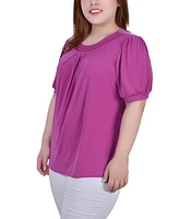 Plus Short Puff Sleeve Sheer Inset Top