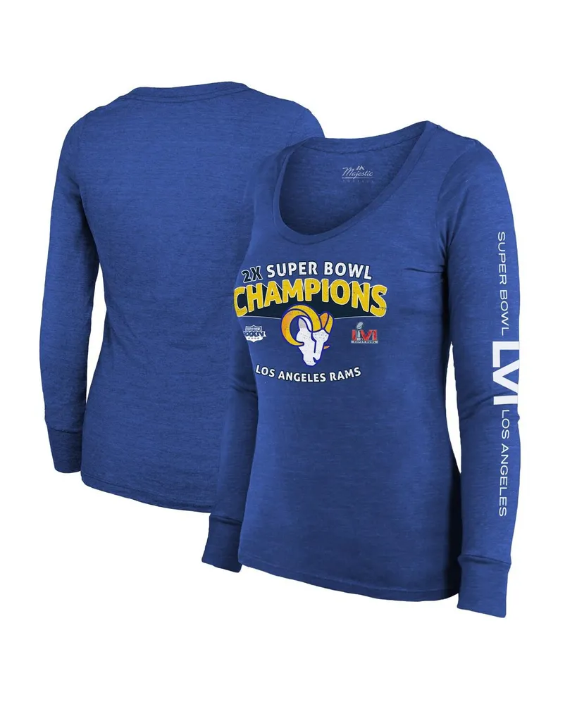 Women's Majestic Threads Heather Royal Los Angeles Rams 2-Time Super Bowl Champions Sky High Tri-Blend Long Sleeve Scoop Neck T-shirt