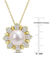 Cultured Freshwater Pearl (8-1/2mm) & White Topaz (1 ct. t.w.) Flower 18" Pendant Necklace in Gold-Tone Plated Sterling Silver