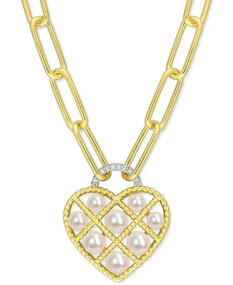 Cultured Freshwater Pearl (3-1/2 - 5mm) & Diamond Accent 18" Heart Pendant Necklace in Gold-Tone Plated Sterling Silver