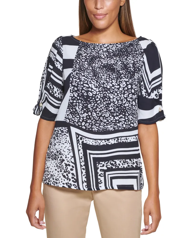 Dkny Petite Printed Imitation Pearl-Trim Top