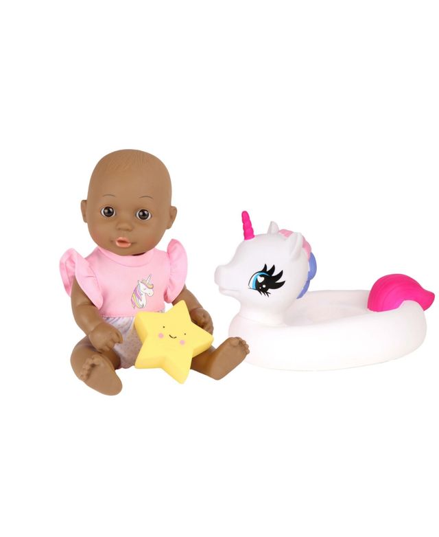 Dream Collection Bath Time 12" Toy Baby Doll with Unicorn Floaty - African American In Gift Box, 6 Piece