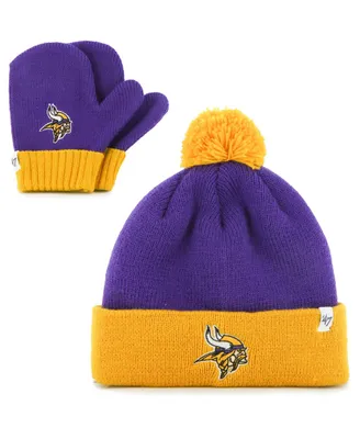 Toddler Unisex Purple and Gold Minnesota Vikings Bam Bam Cuffed Knit Hat with Pom and Mittens Set