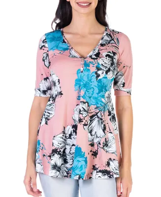 24seven Comfort Apparel Women's Floral Elbow Sleeve Casual V-Neck Henley Tunic Top