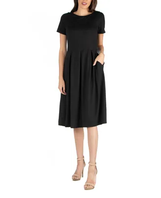 24seven Comfort Apparel Women's Midi Dress with Short Sleeves and Pocket Detail