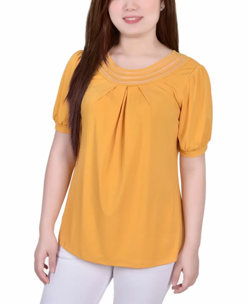 Women's Short Puff Sleeve Sheer Inset Top