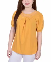 Women's Short Puff Sleeve Sheer Inset Top