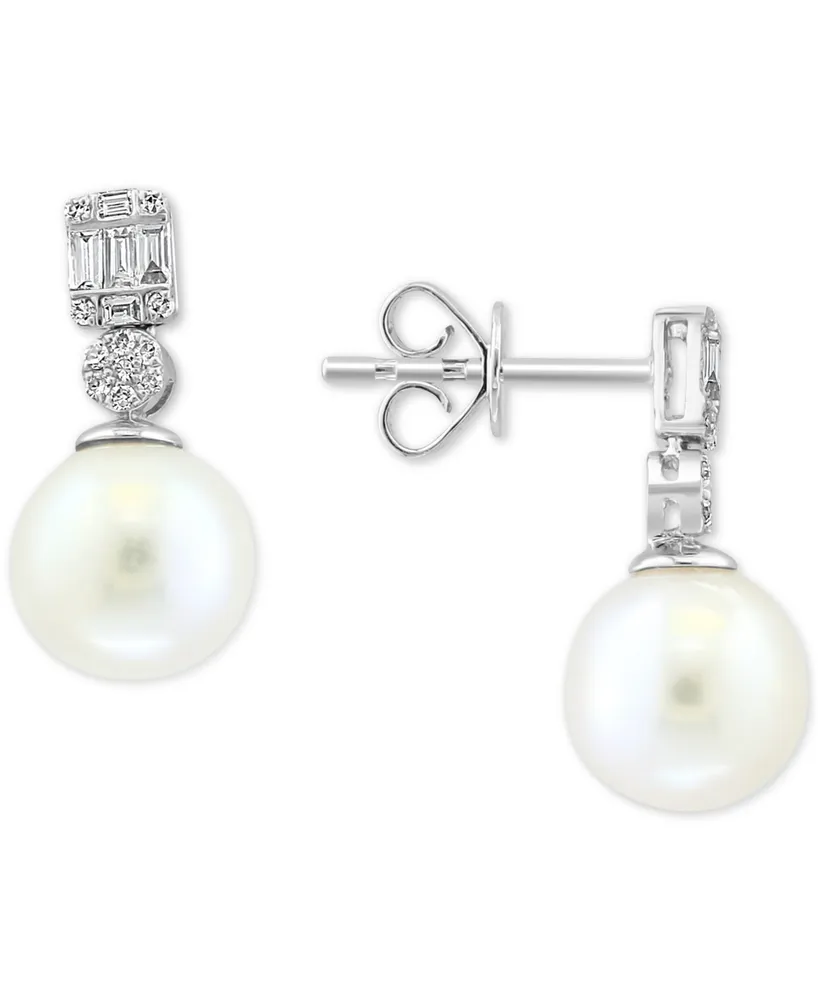 Effy Cultured Freshwater Pearl (9mm) & Diamond (1/5 ct. t.w.) Drop Earrings in 14k White Gold