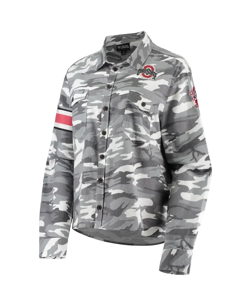 Women's The Wild Collective Gray Ohio State Buckeyes Camo Flannel Button-Up Long Sleeve Shirt