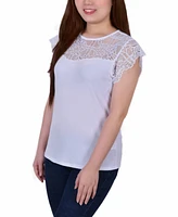 Petite Crepe Knit Top with Lace Flanged Sleeve and Yoke