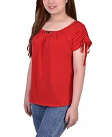 Petite Size Short Ruched Sleeve Top with Pleats