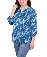 Ny Collection Petite Knit Jacquard 3/4 Sleeve Roll Tab Pintuck Top