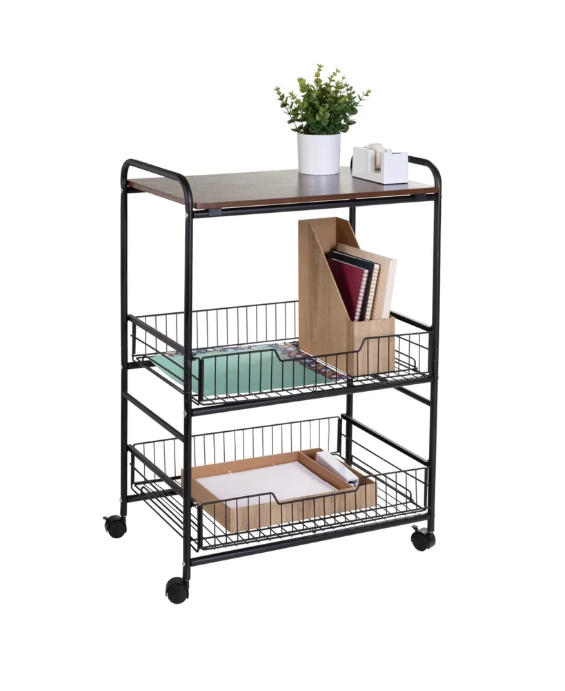 3 Tier Wood Shelf and Pull-Out Baskets Rolling Cart