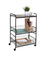 3 Tier Wood Shelf and Pull-Out Baskets Rolling Cart