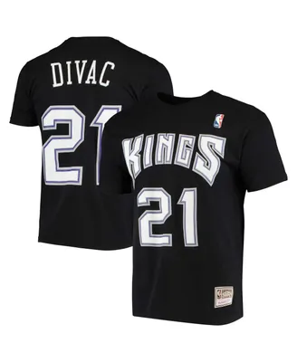 Men's Mitchell & Ness Vlade Divac Black Sacramento Kings Hardwood Classics Stitch Name and Number T-shirt