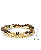 Steeltime Men's 2 Pieces 18k Gold Plated Stainless Steel Rounded Box Chain Bracelet and Tiger Eye Beaded Bracelet Set