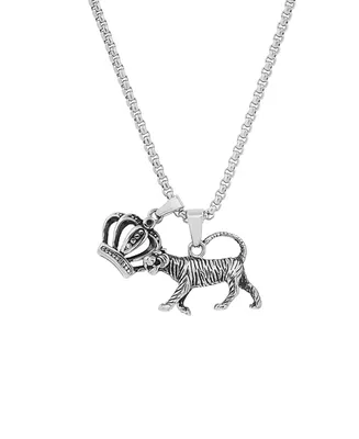 Steeltime Men's Stainless Steel Tiger and Crown Pendant - Silver