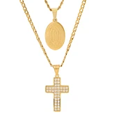 Steeltime Men's 2 Pieces 18k Gold Plated Stainless Steel and Simulated Diamonds Double Layered Cross and Our Lady of Guadalupe Pendant Set