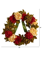 Peony, Dahlia and Hydrangea Artificial Wreath, 24"