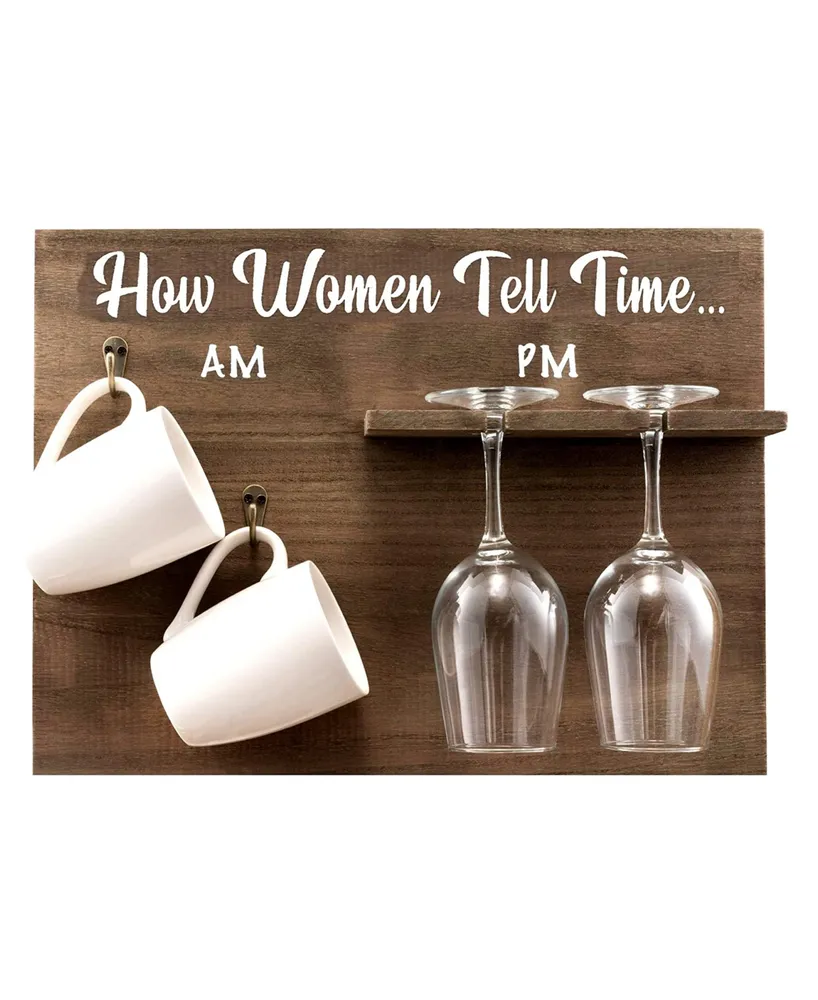 How Woman Tell Time Wall Mounted Wine Rack with Wine Glasses and Coffee Mugs, Set of 5
