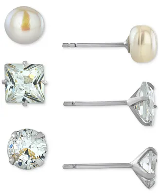 Giani Bernini 3-Pc. Cubic Zirconia & Cultured Freshwater Pearl (7mm) Stud Earrings in Sterling Silver, Created for Macy's
