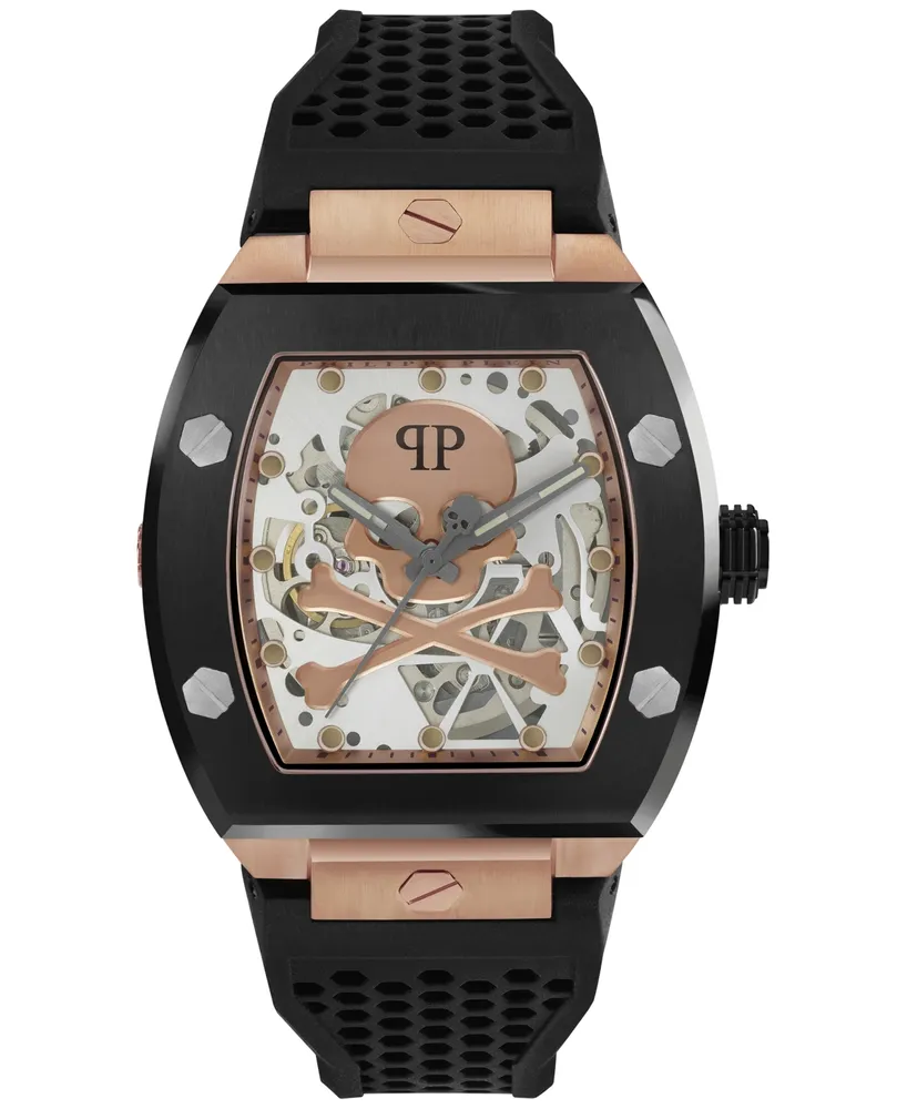 Philipp Plein Men's Automatic The $keleton Black Silicone Strap Watch 44mm