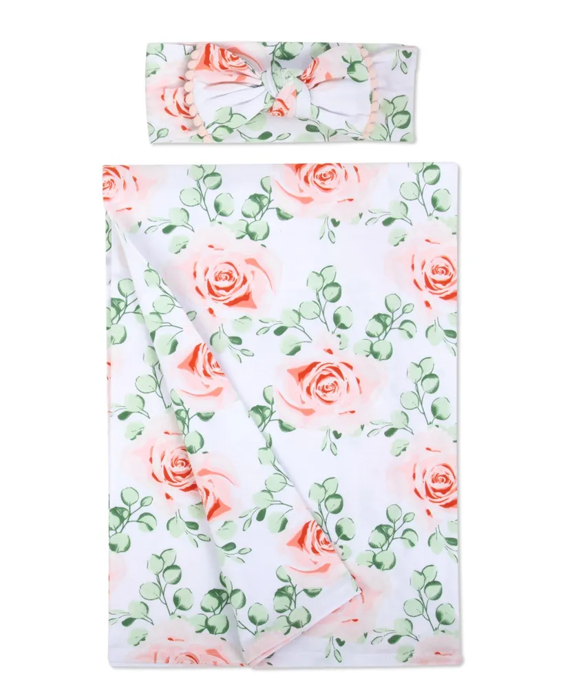 Baby Girls Soft Floral Swaddle Wrap Blanket with Matching Headband, 2 Piece Set