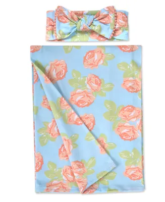 Baby Girls Soft Floral Swaddle Wrap Blanket with Matching Headband