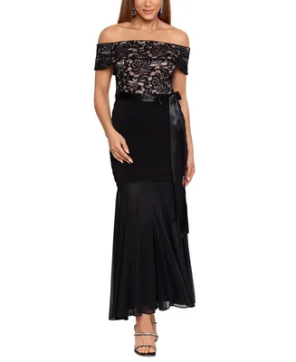 Betsy & Adam Petite Lace-Top Off-The-Shoulder Gown