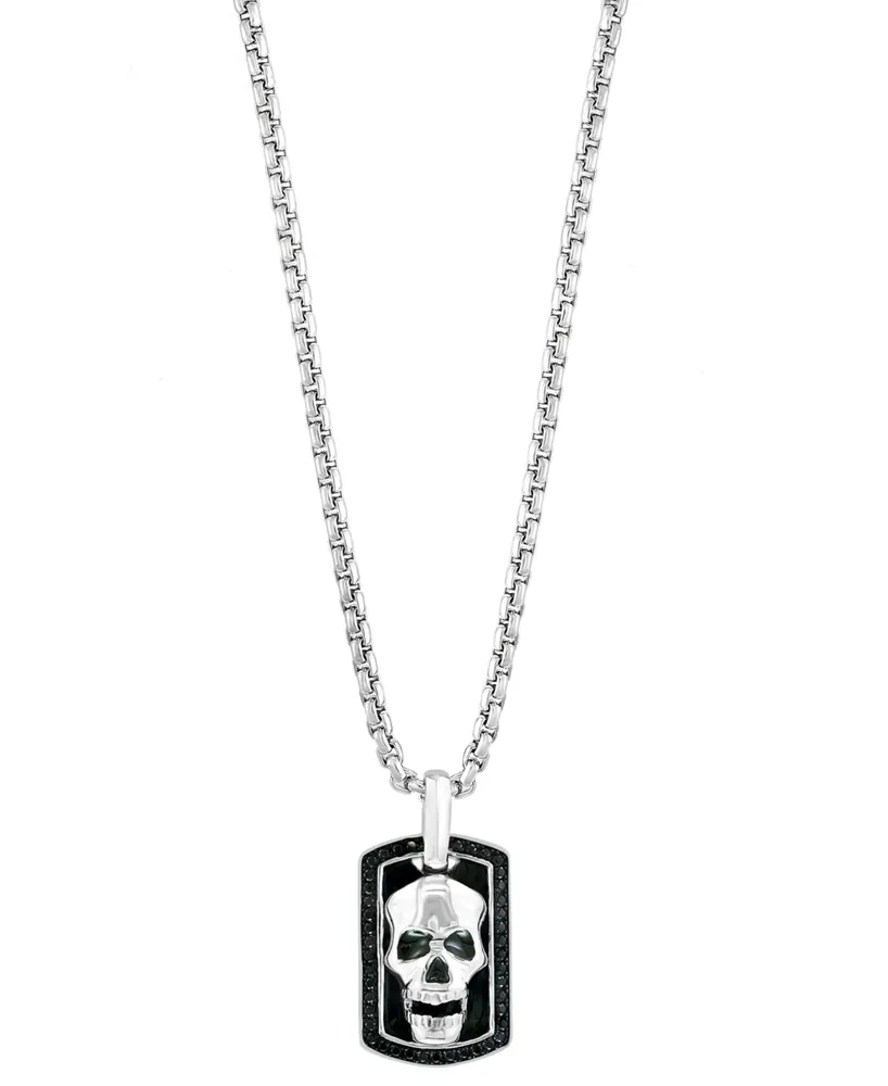 Effy Men's Black Spinel Skull Dog Tag 22" Pendant Necklace in Sterling Silver & Black Rhodium