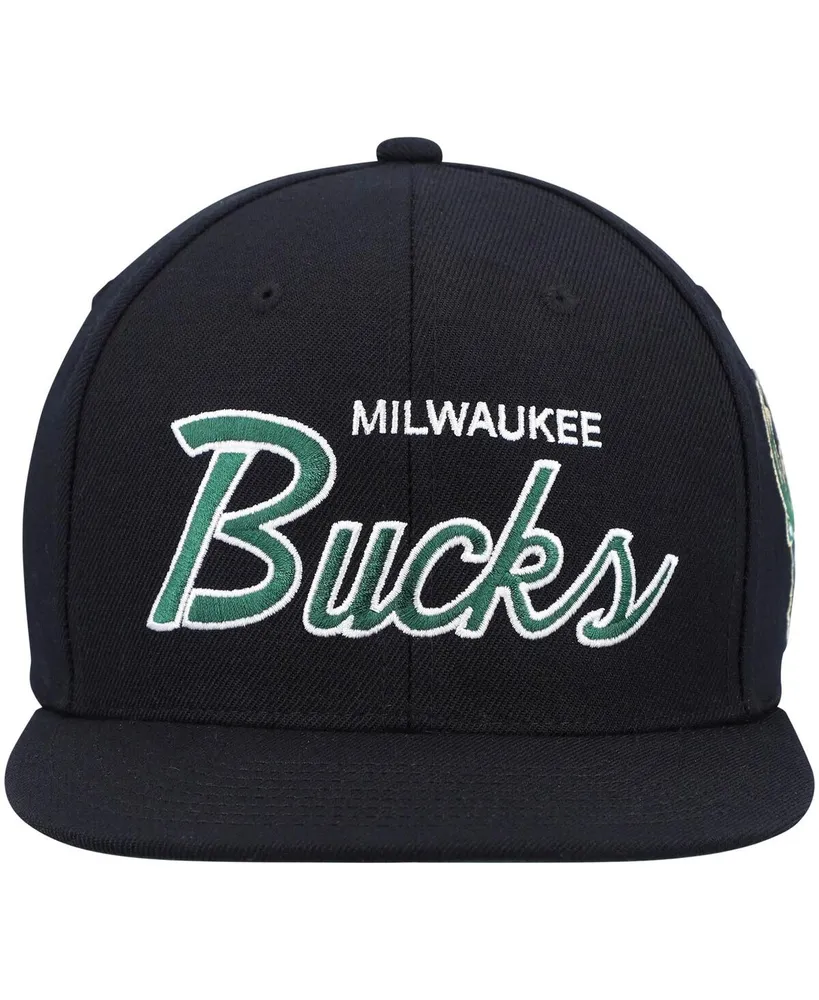 Men's Mitchell & Ness Black Milwaukee Bucks Hardwood Classics Script 2.0 Snapback Hat