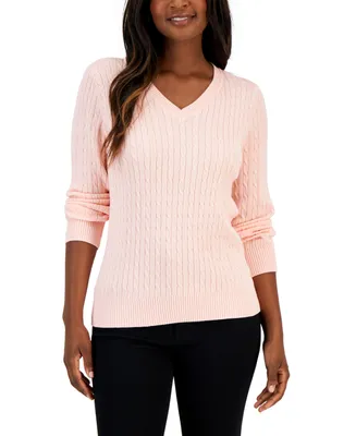 Karen Scott Women's Cable V-Neck Long Sleeve Sweater, Created for Macy's