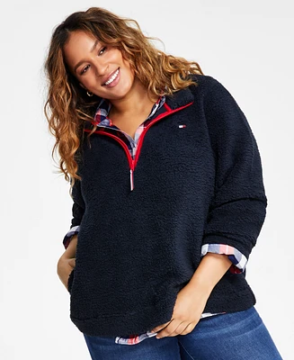 Tommy Hilfiger Plus Size Quarter-Zip Long-Sleeve Sherpa Pullover