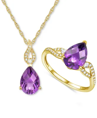 2-Pc. Set Amethyst (3-3/8 ct. t.w.) & Lab-Grown White Sapphire (1/5 Pendant Necklace Matching Ring 14k Gold-Plated Sterling Silver