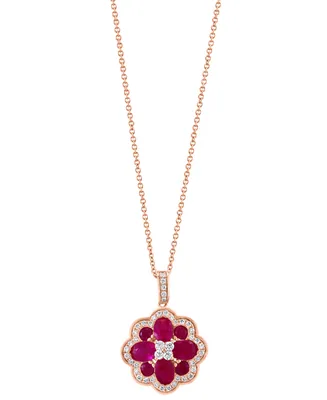 Effy Ruby (2-3/4 ct. t.w.) & Diamond (3/8 ct. t.w.) Flower Cluster 18" Pendant Necklace in 14k Rose Gold