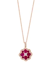 Effy Ruby (2-3/4 ct. t.w.) & Diamond (3/8 ct. t.w.) Flower Cluster 18" Pendant Necklace in 14k Rose Gold