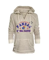 Women's Blue 84 Cream and Gray Kansas Jayhawks 2022 Ncaa Men's Basketball National Champions French Terry V-Neck Pullover Hoodie