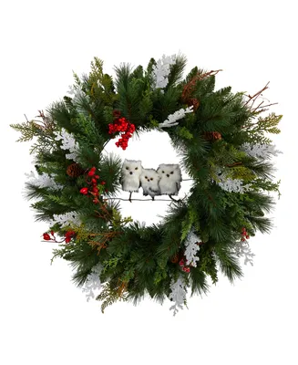 Holiday Winter Owl Family Pinecone Berry Christmas Artificial Wreath, 24" Round