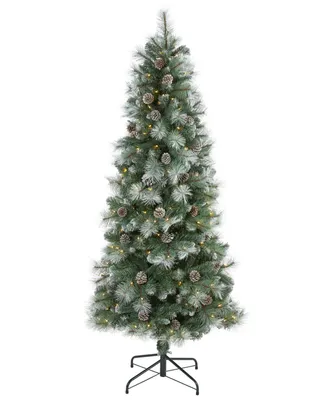 Frosted Tip British Columbia Mountain Pine Artificial Christmas Tree with Lights, Pine Cones Bendable Branches, 72"